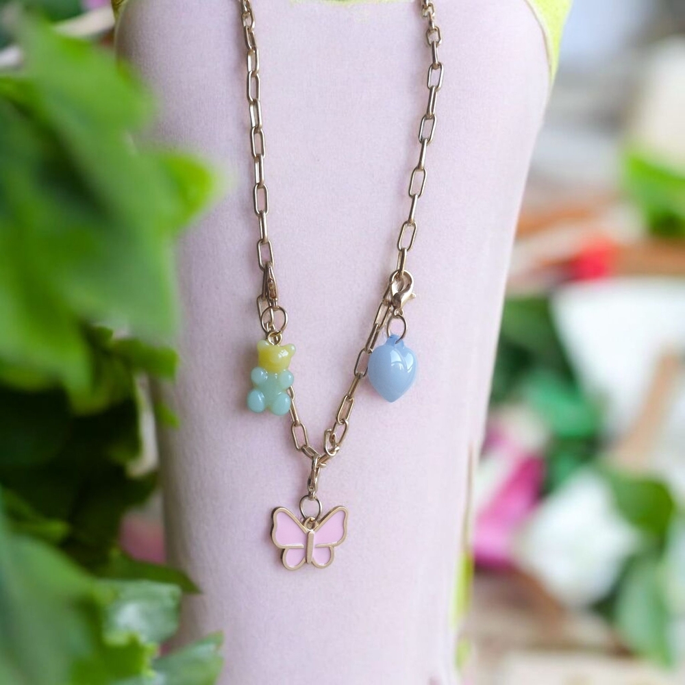 Hand Crafted Gold Necklace with Pastel Charms